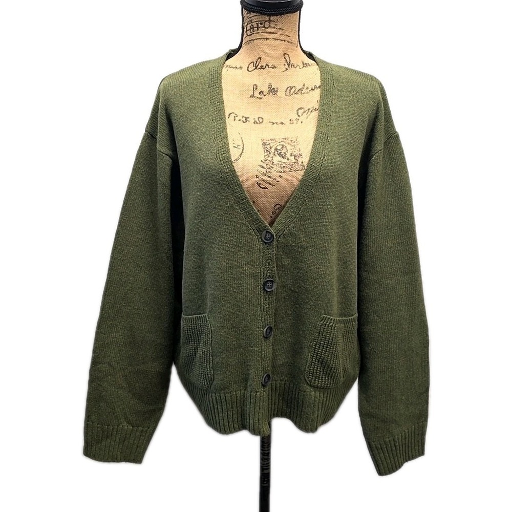Heimish 1X 2X Olive Wool Blend Button Front Cardigan Sweater V Neck Cottagecore